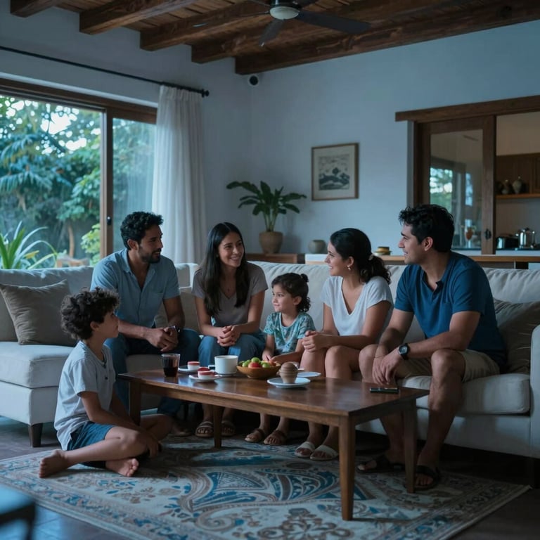 A satisfied family enjoying the cool air in a modern living room in a Latin American / Spanish house, Soft Blue lighting.