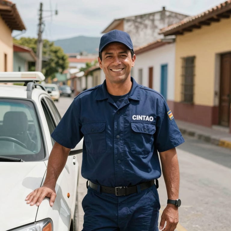 A smiling technician in a Navy Blue uniform standing next to a service vehicle in a sunny Latin American / Spanish neighborhood.