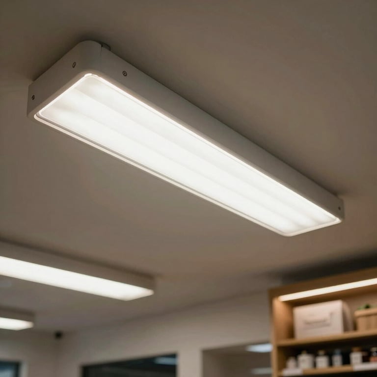 Professional installation of overhead LED lighting in a modern Latin American / Spanish commercial space.