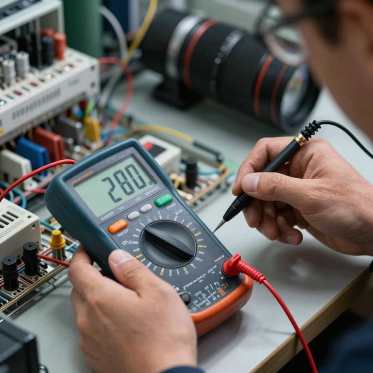 A technician using a digital multimeter on an electrical circuit, Deep Blue and Navy Blue brand colors visible.