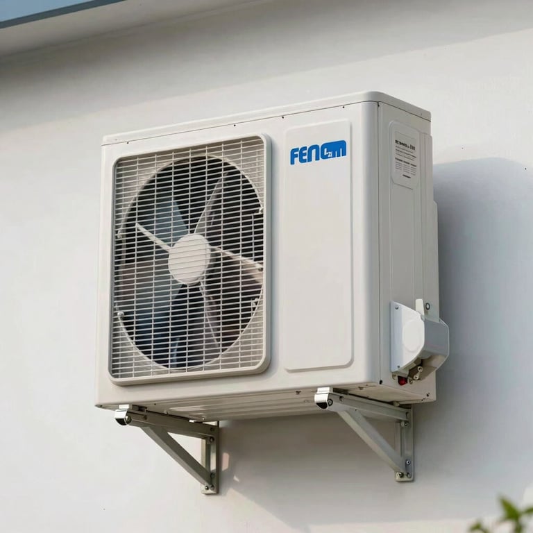 Precision shot of an air conditioning condenser unit installed perfectly on a clean exterior wall.