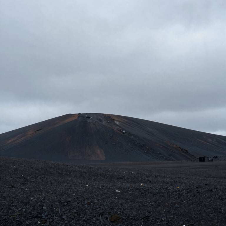 Paisaje natural austero en Islandia, colina negra volcánica bajo un cielo nublado y gris, composición minimalista y solitaria.