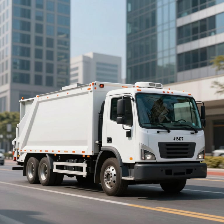 A low-angle shot of a clean, modern white disposal truck with #415A77 accents driving through a modern business district under a clear blue sky.