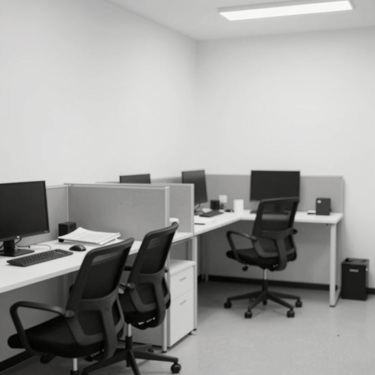 A minimalist before-and-after composition showing a cluttered office corner transformed into a clean, empty, professional workspace.