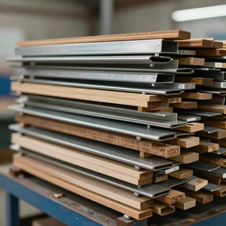 A neatly organized stack of recyclable metals and wood in a sorting facility, emphasizing the brand's commitment to efficiency and order.