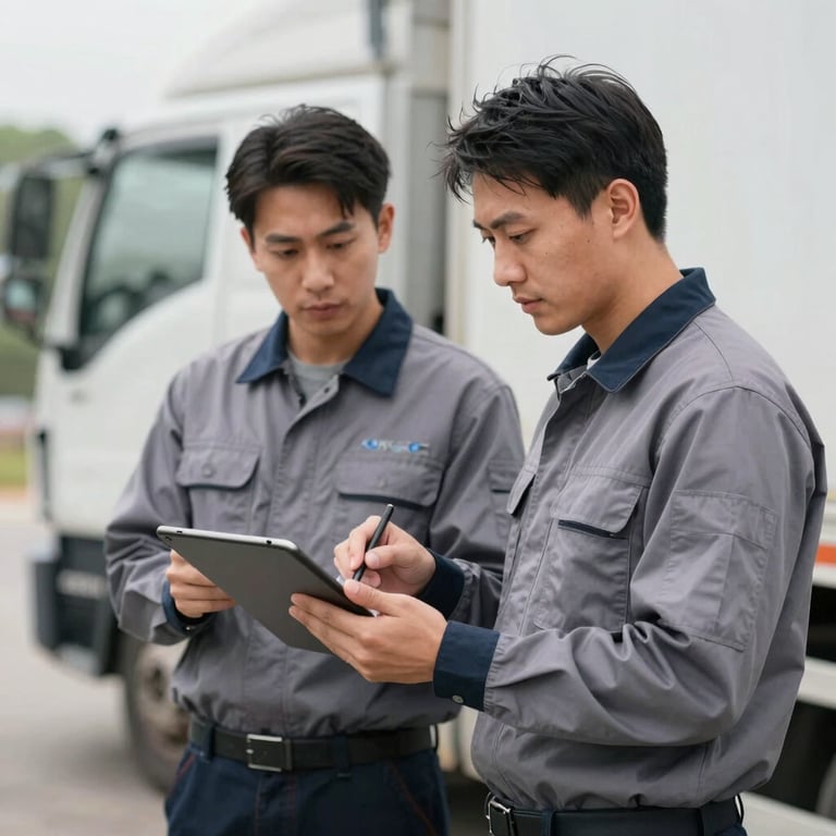 Two professional workers in #0D1B2A uniforms standing next to a truck, reviewing a site checklist on a tablet, conveying reliability.