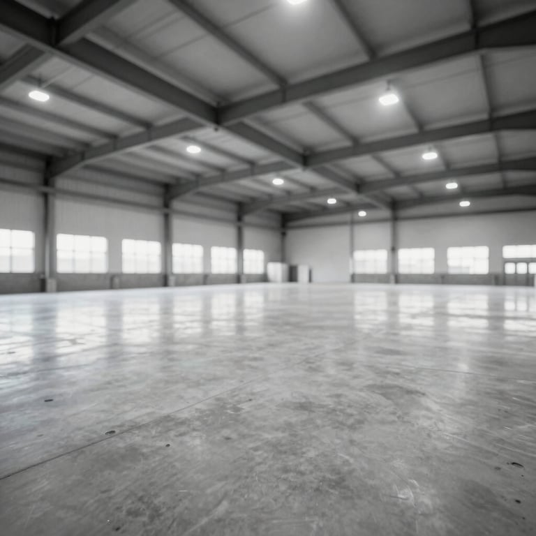 A wide, bright shot of a large, empty, and perfectly clean commercial warehouse floor made of polished concrete, symbolizing a finished job.