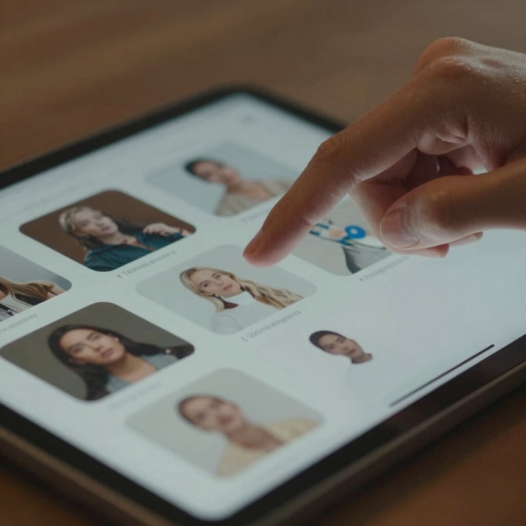 Close-up of hands navigating a mobile interface on a tablet, showcasing user-centric design details.