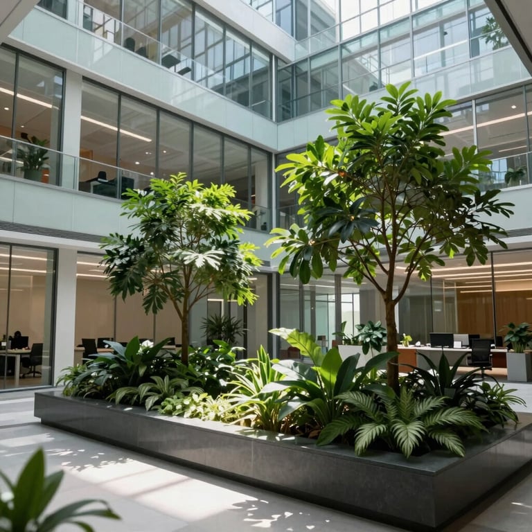 A modern office atrium in the North American / US with glass walls and professional greenery.