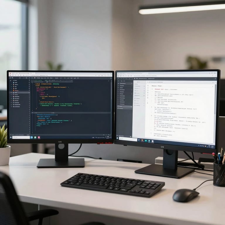 A high-end workspace with dual monitors showing code and app design layouts, clean and professional North American office setting.
