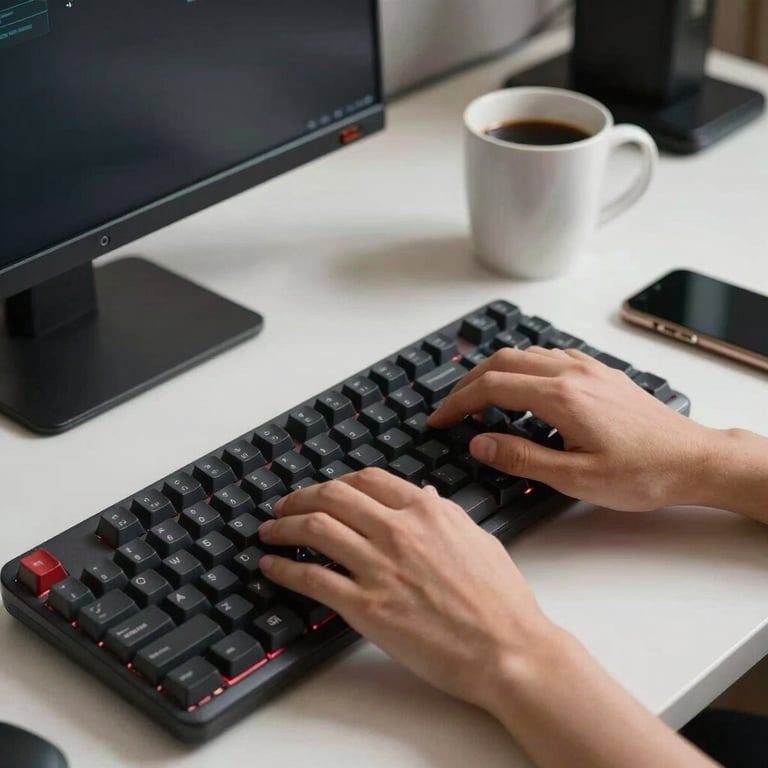 A developer typing on a mechanical keyboard at a clean desk with a coffee mug and a smartphone.