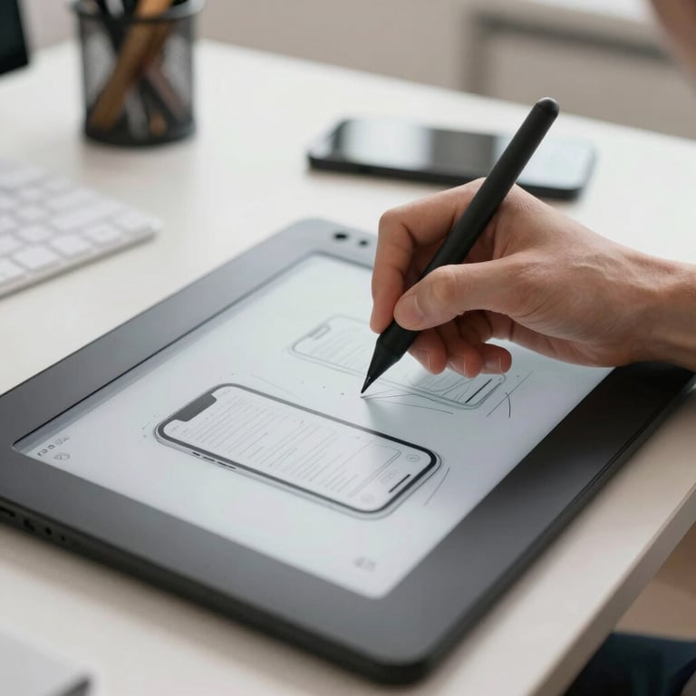A digital designer using a stylus to sketch mobile wireframes on a graphic tablet in a bright room.