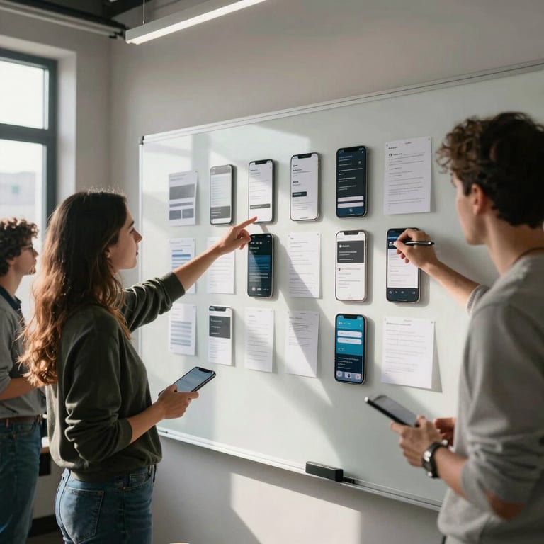 A creative team brainstorming mobile UI components on a large whiteboard in a sunlit studio.