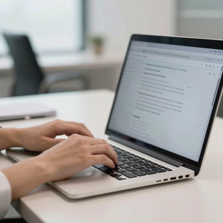 A professional typing on a laptop with a clean, organized desk background in a bright Brazilian corporate space.