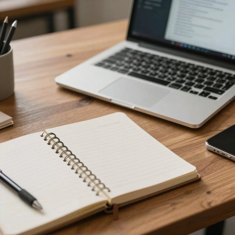 A tidy workstation with a laptop and a notebook, highlighting a focused and organized B2B environment.