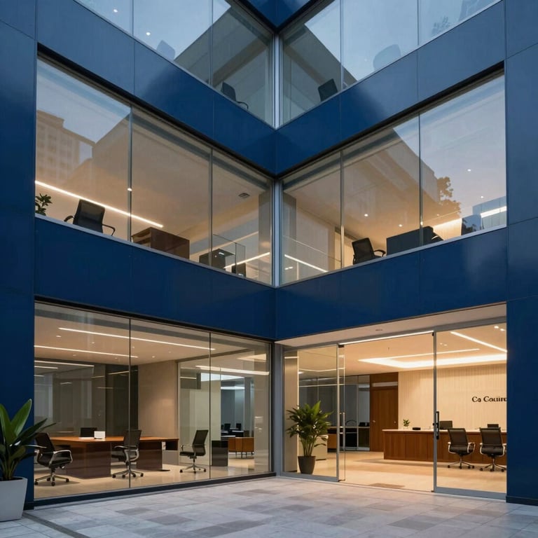 Wide shot of a contemporary office lobby with glass walls and deep blue design elements in São Paulo.