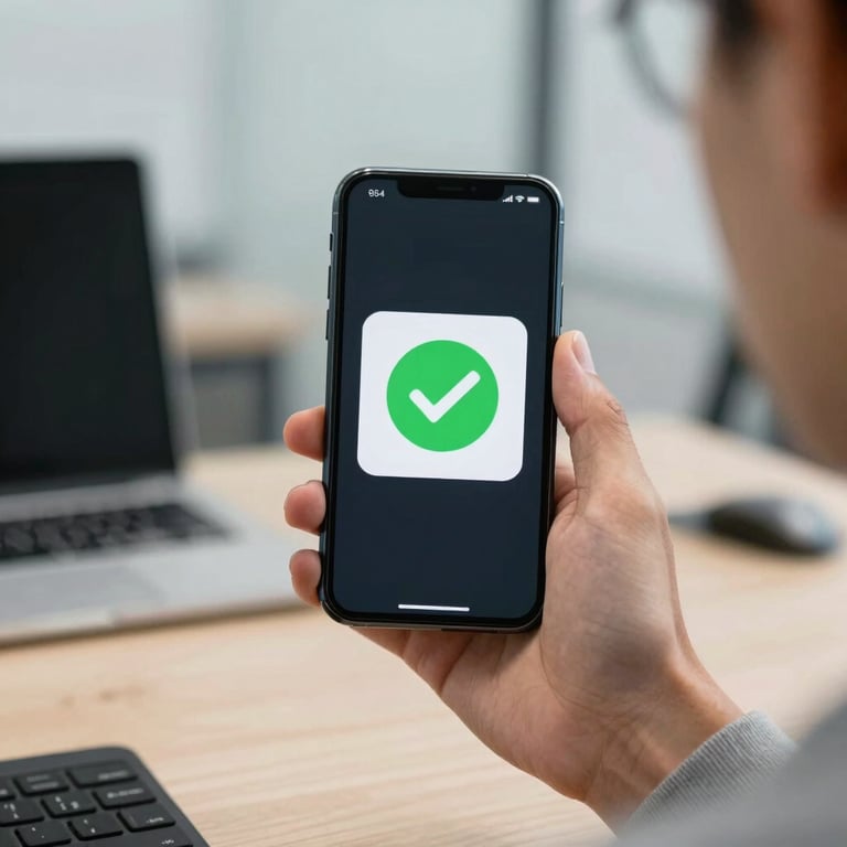Close-up of a person holding a smartphone showing a green success checkmark notification in a modern office.