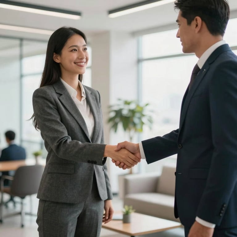Two professionals in corporate attire shaking hands in a bright, modern South American office lounge.