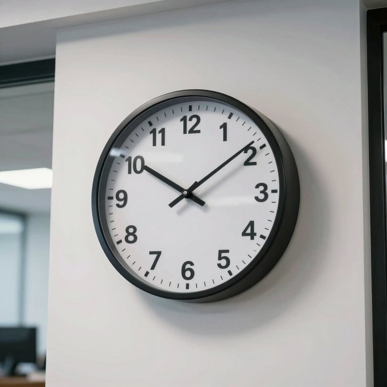 A modern office clock on a white wall in a South American business center, representing punctuality and precision.