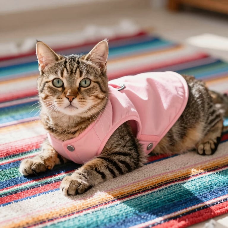 Gato que se parece a garfield acostadocon un chaleco rosa y botones metalicos plateados, está sobre un tapquete de colores