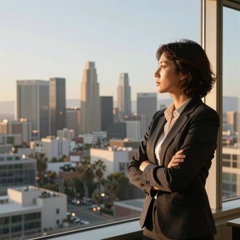 A confident professional looking out over the Los Angeles skyline from a high-rise office window during golden hour.