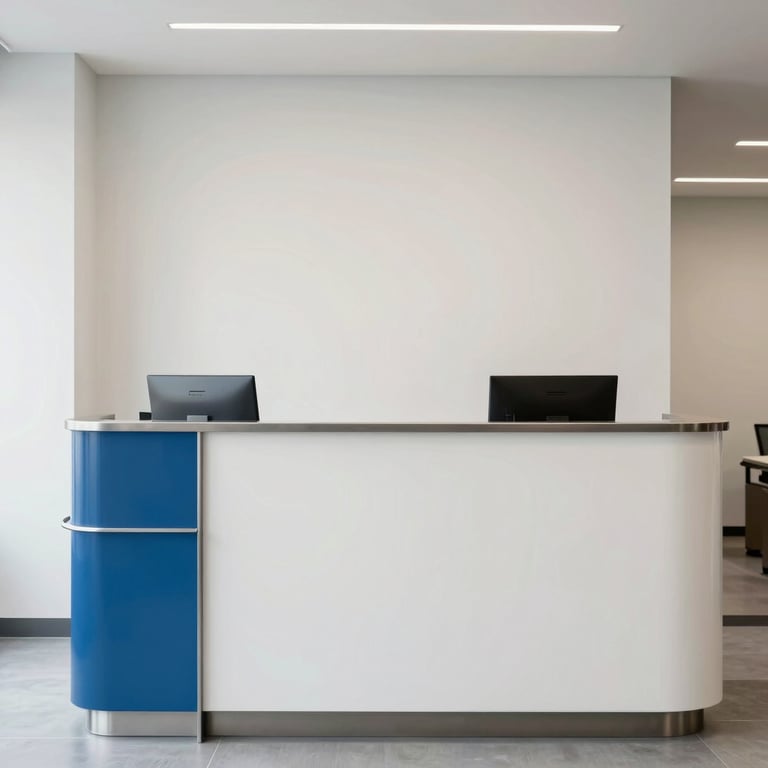 A clean, minimalist office reception area featuring off-white walls and steel blue decorative elements.