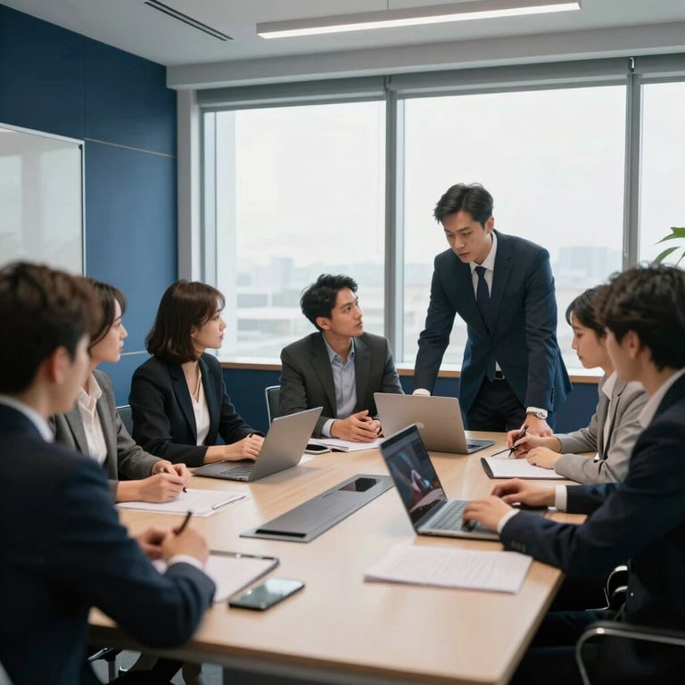 A professional team collaborating in a bright, modern boardroom with navy blue accents and large windows.