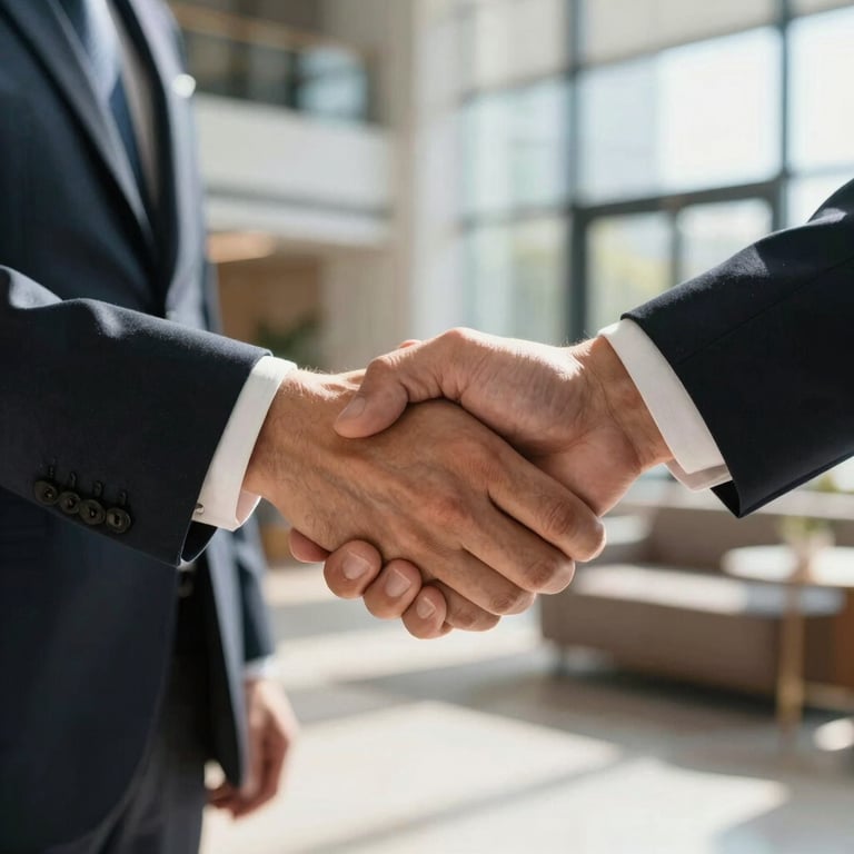 A close-up of a professional handshake between two individuals in business attire in a sun-drenched lobby.