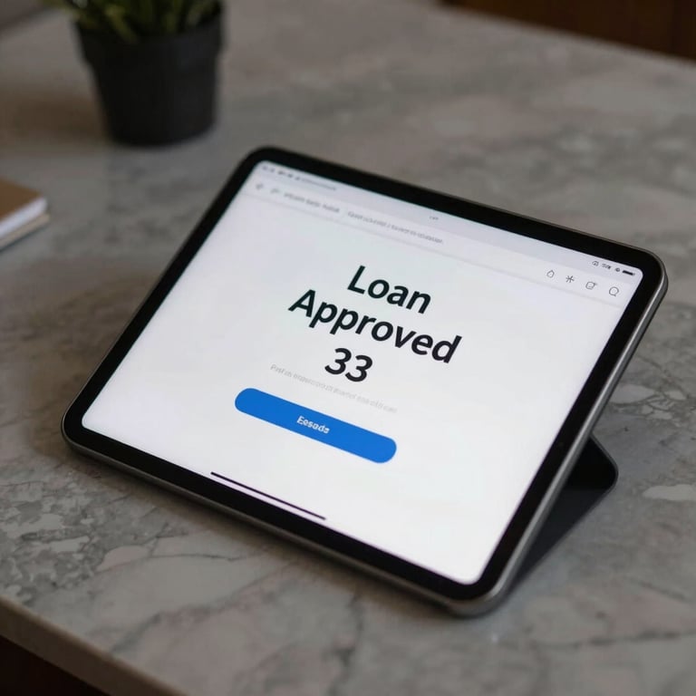 A digital tablet on a marble desk displaying a 'Loan Approved' message with a professional interface.