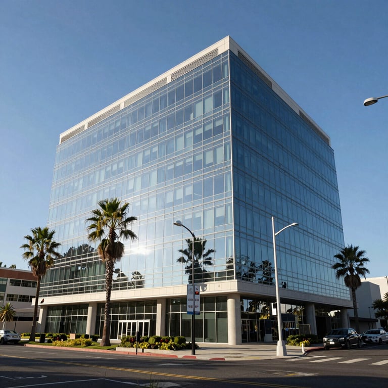 A wide shot of a modern, glass-fronted financial building in Irvine, Southern California, with blue skies and palm trees.