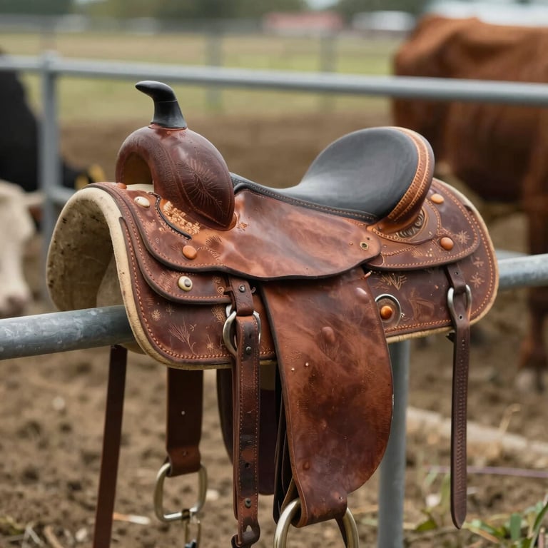 A detailed shot of a cattle breeder's leather saddle and equipment, representing tradition and reliability.