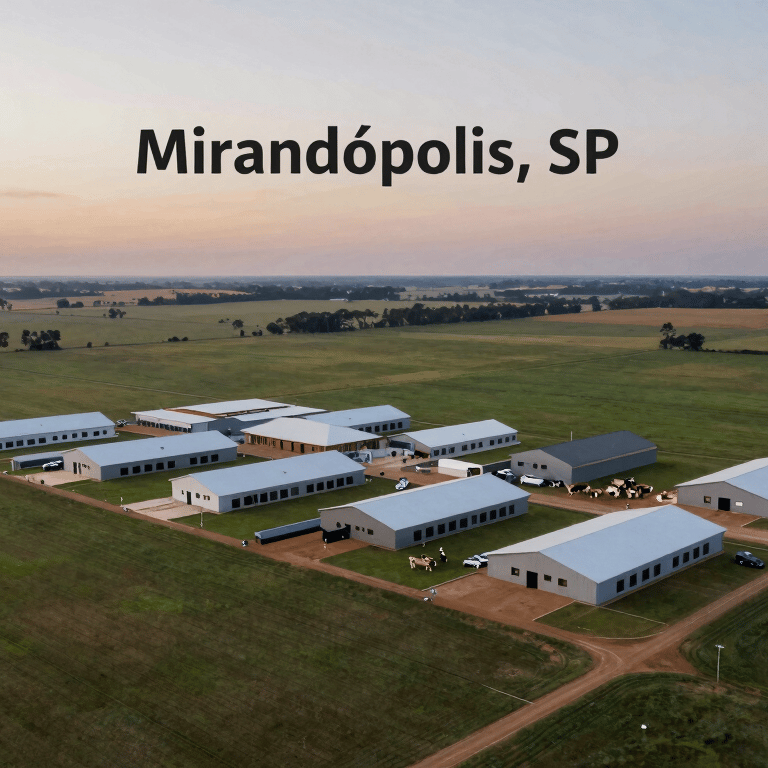 A group of healthy Nellore cattle in a vast green field during a golden hour sunset, showing the beauty of the Mirandópolis region.