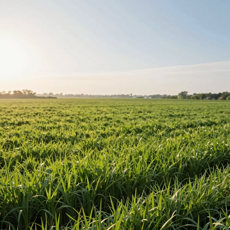 Lush green pasture landscape under a bright morning sun, reflecting the modern agricultural standards of the brand.