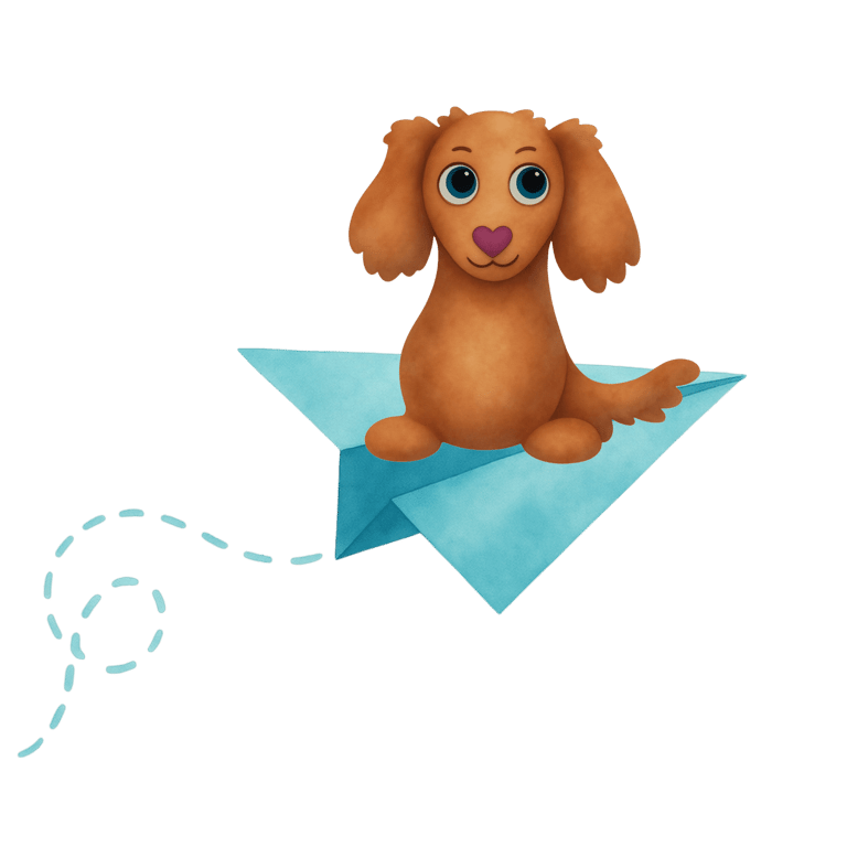Cartoon of Skipper-Bloo the miniatiure red dachshund sitting on a turquoise paper airplane.