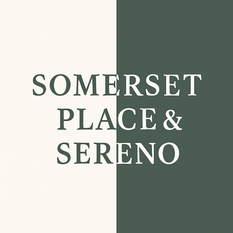 Minimalist Somerset Place and Sereno logo text on a split cream and dark forest green background.