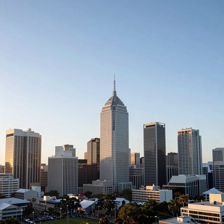 A bright, modern International / Australasian cityscape at sunrise, emphasizing a new beginning and professional opportunities, with sky blue and soft frost white lighting.