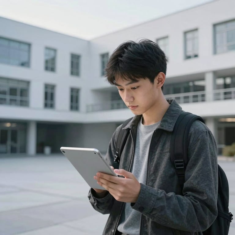 A student in a International / Australasian campus courtyard, looking at a digital tablet with a focused expression, surrounded by soft frost white modern architecture.