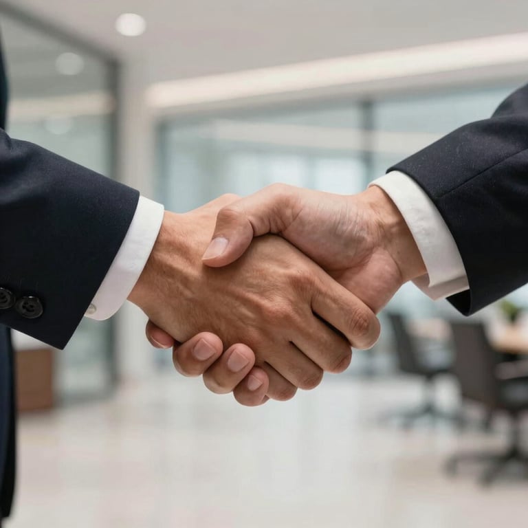 A close-up of a firm handshake between two businesspeople in a International / Australasian office lobby, conveying trust and partnership.
