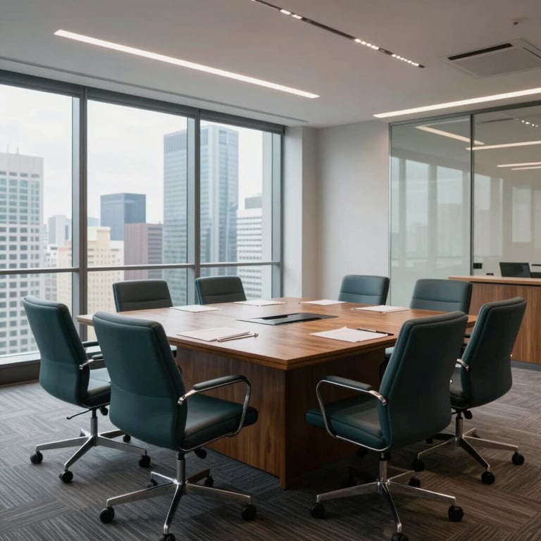 A wide-angle shot of a professional boardroom in a International / Australasian high-rise, with dark charcoal teal chairs and a large wooden table.