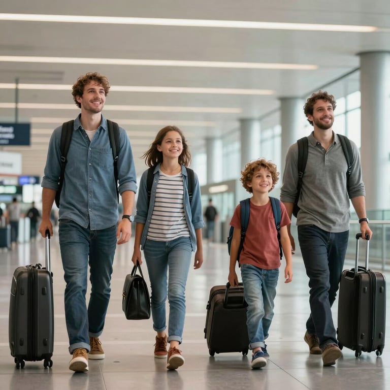 A smiling family walking through a modern International / Australasian airport terminal, carrying luggage, looking relieved and happy, in natural lighting.