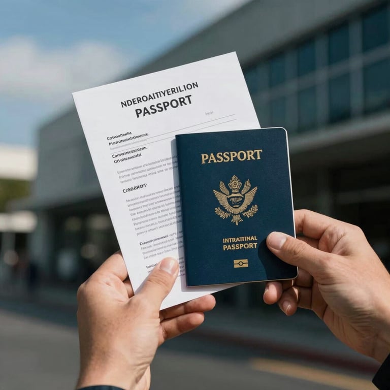 A pair of professional hands holding a passport and official documents in a International / Australasian setting, with sky blue and dark charcoal teal tones in the environment.