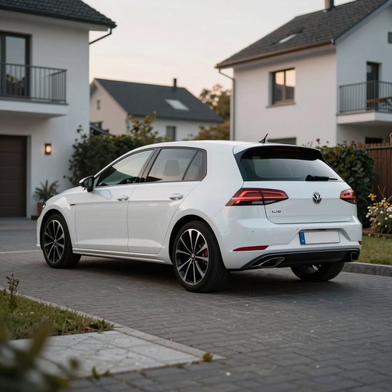 A white hatchback parked in a modern, well-lit residential driveway in a German suburb.