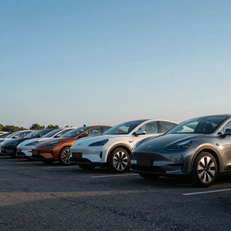 A row of various cars including electric models at a dealership lot under a clear blue sky.