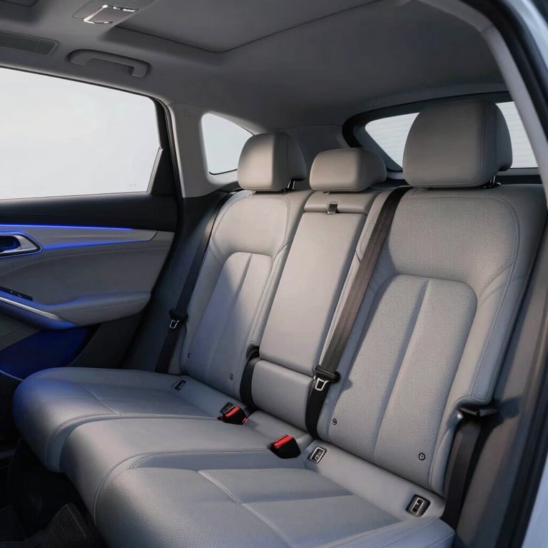 An interior shot of a luxury car cabin with blue ambient lighting and grey leather seats.