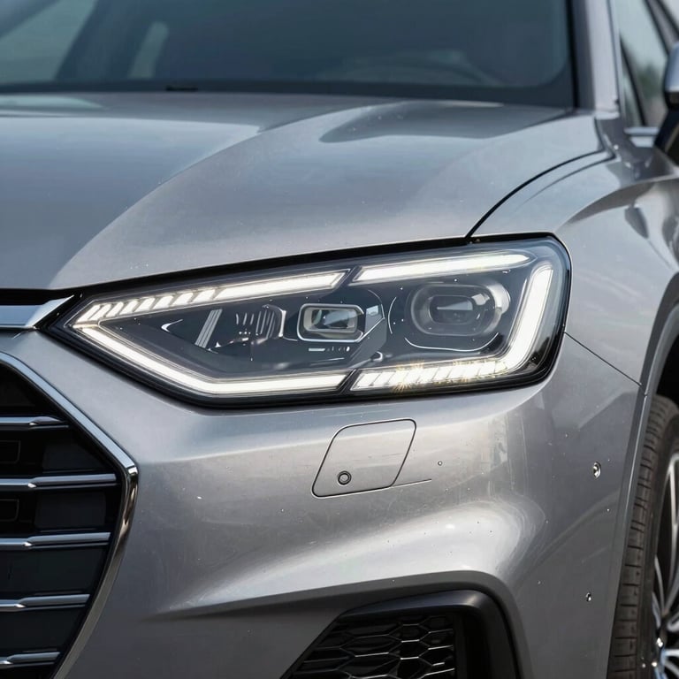 A close-up of a high-tech car headlight and metallic grille, showcasing modern design.