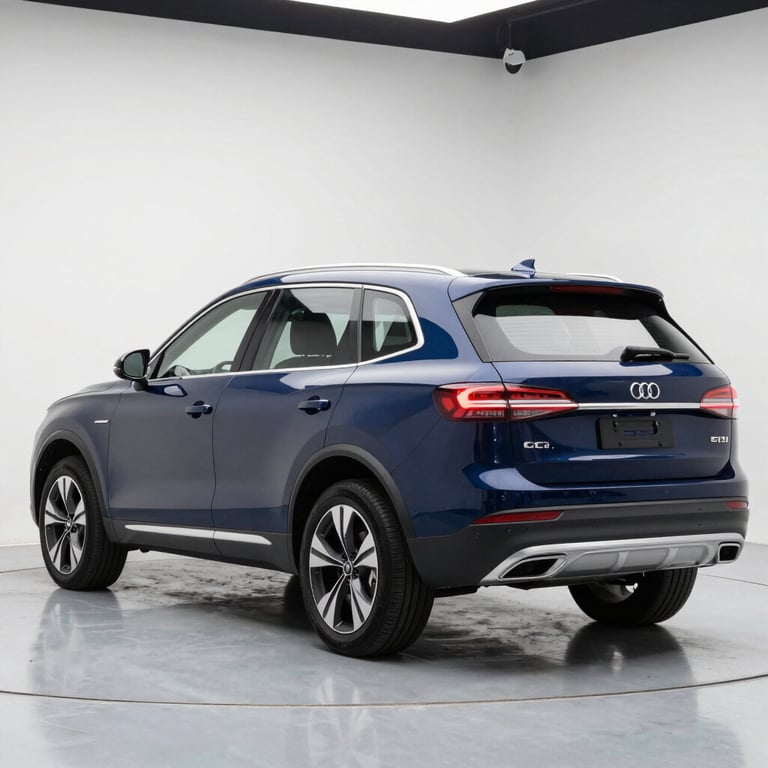 A navy blue family SUV captured in a professional studio setting with bright, clean lighting.