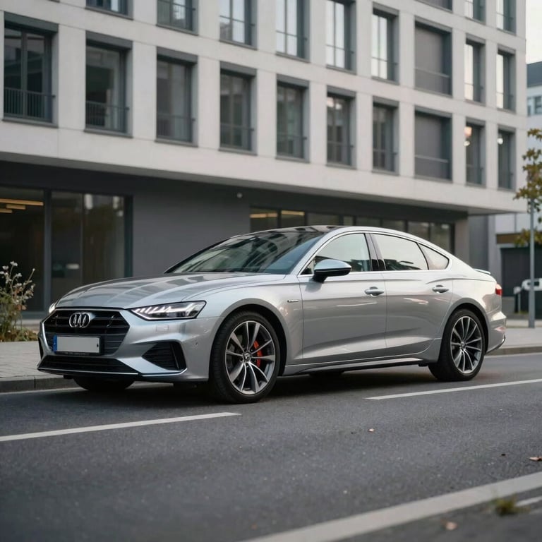 A sleek silver sedan parked on a clean street in Neufahrn, modern German architecture in the background.
