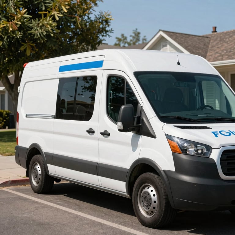 A mobile glass repair van parked on a sunny North American / US residential street, with subtle steel blue branding and clean white panels.
