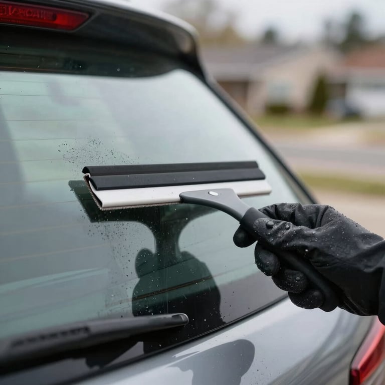 A close-up of a gloved hand using a squeegee on a perfectly clean rear window. The background shows a soft-focus North American / US neighborhood.