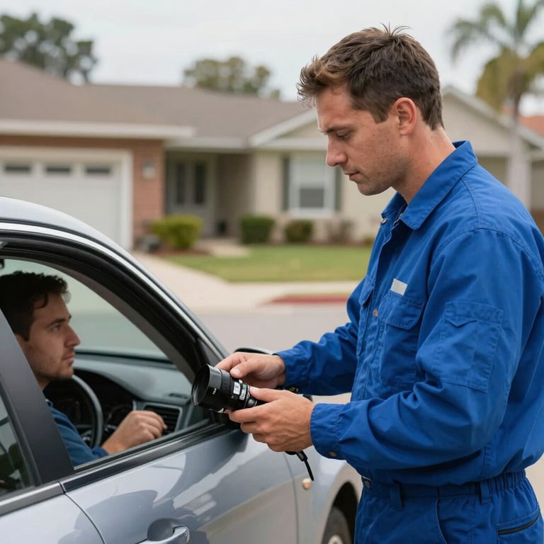 A technician and a driver in a North American / US residential area, talking near a car. The technician wears a professional steel blue uniform.